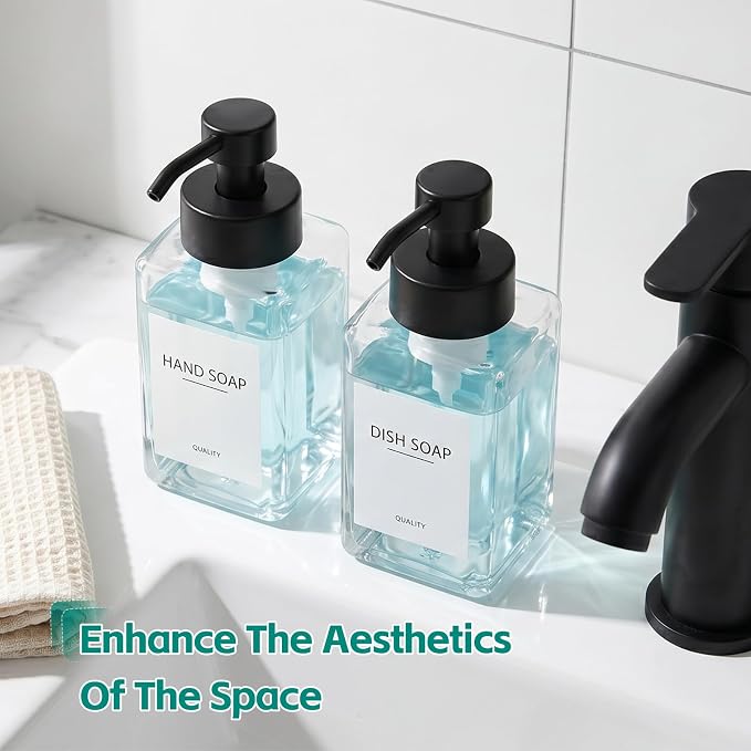 Foaming Soap Dispenser, 12oz/350ml Glass Foaming Hand Soap Dispenser Set, 2Pcs Refillable Foam Soap Dispenser With Foaming Pump, Labels, Square Foam Soap Hand Dispenser For Bathroom, Kitchen