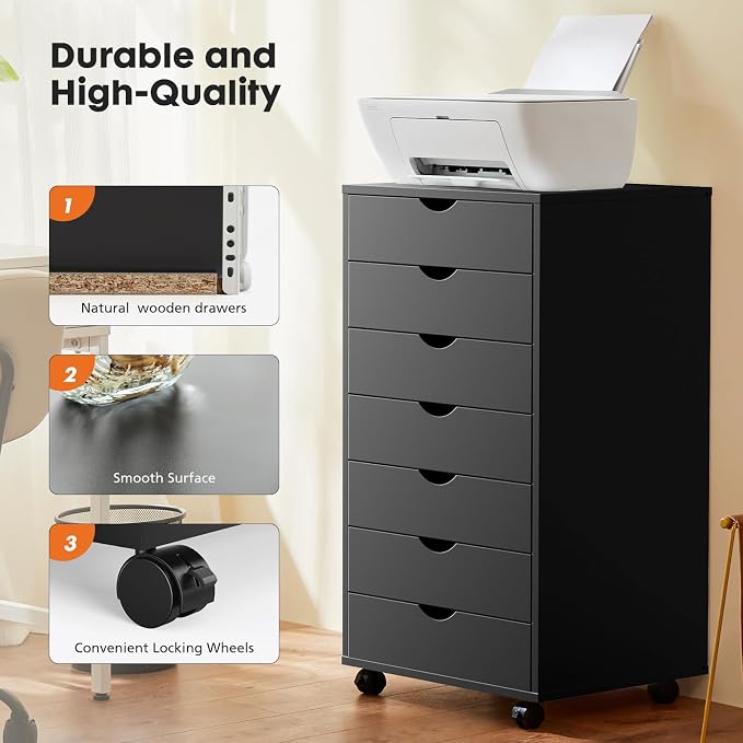 OLIXIS 7 Drawer File Cabinet on Wheels, Printer Stand | Fits Under Desks, Wood Storage Organization Holds Printer, Office Supplies, Not For Hanging Files, For Home Office Use Black