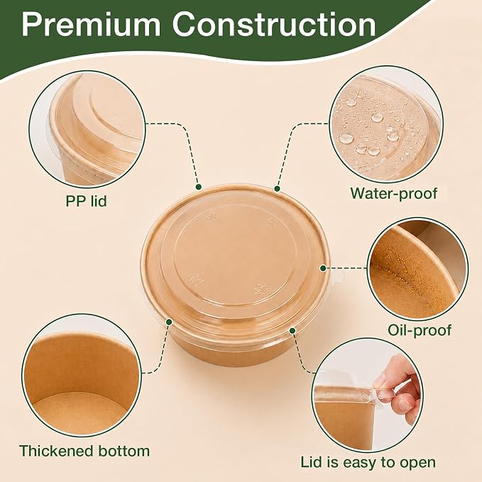 50pks 17oz Disposable Meal Prep Containers, Disposable Bowls with Lids | Disposable kraft paper bowls with lids, Waterproof, Safe for hot & cold food, Perfect for catering, parties, lunch takeout