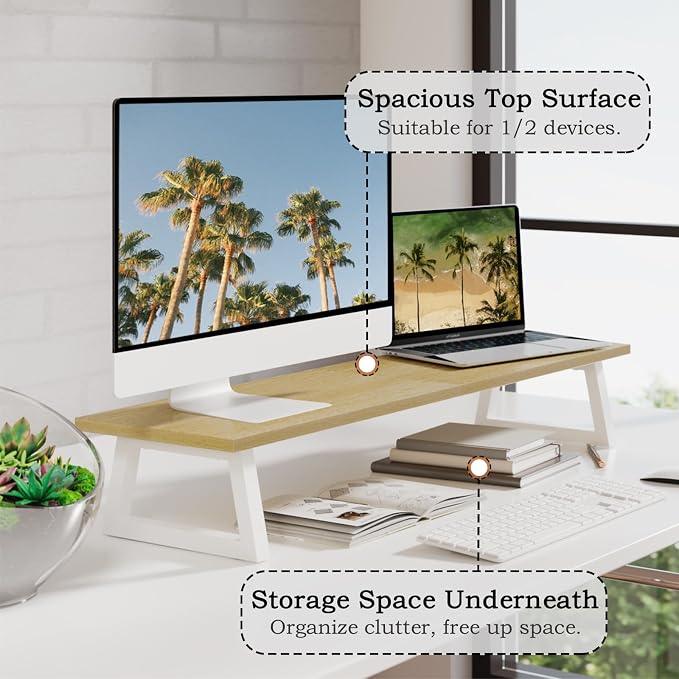 TEAMIX 31.5 inch Dual Monitor Stand Riser, Laptop/TV Stand, Desk Organizer | Long Stand Riser for 2 Monitors, Wood & Steel Computer Stand, Holds 150lbs, Keyboard & PS5 Storage, For Home Office & Gaming