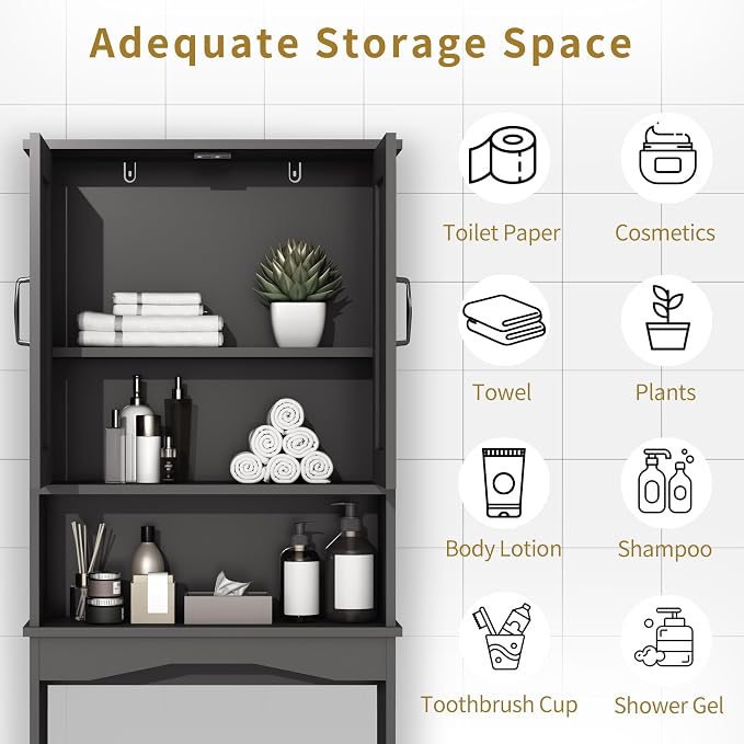 ROOMTEC Over The Toilet Storage Cabinet with Adjustable Shelf and Double Doors, Freestanding Bathroom Cabinet Organizer with Open Shelf, Home Space-Saving Toilet Rack for Restroom, Laundry, Black
