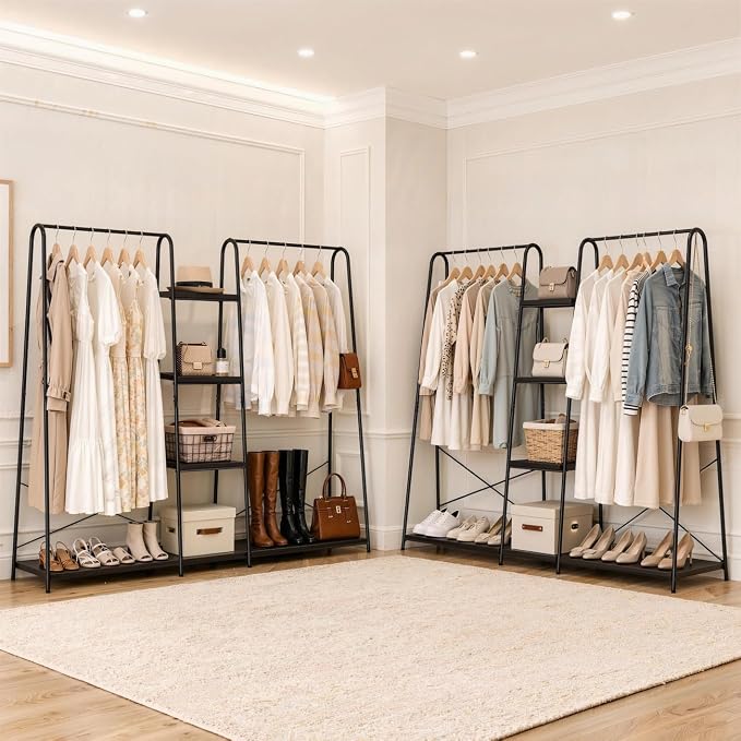 Finnhomy Clothes Rack for Hanging Clothes Freestanding Clothing Rack with 6 Wood Storage Shelves & 2 Rods Heavy Duty Garment Rack Portable Wardrobe Closet Organizer for Bedroom Closet Boutique,Black