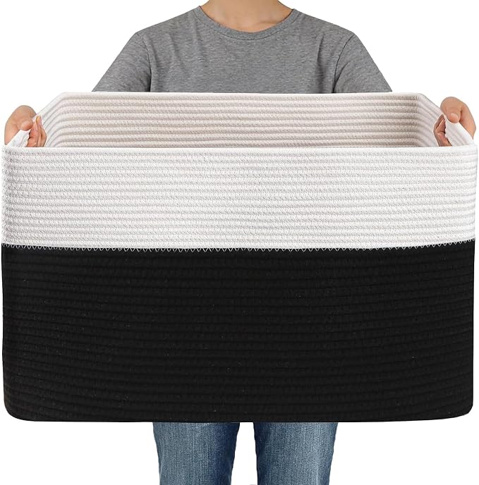 JMvicyroam Woven Blanket Basket,65L Large Storage Bin for Blankets Toys Clothes,Decorative Rope Basket for Living Room Bedroom with Handles, White&Black