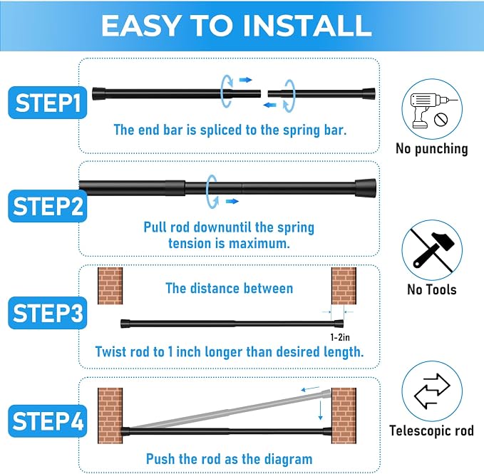 1 Pack Spring Loaded Tension Rod 27-38" Adjustable Curtain Rods No Drill Extendable Spring Rod Tension Curtain Rods For Window Kitchen Shelves Rv Refrigerator And Small Spaces,Black
