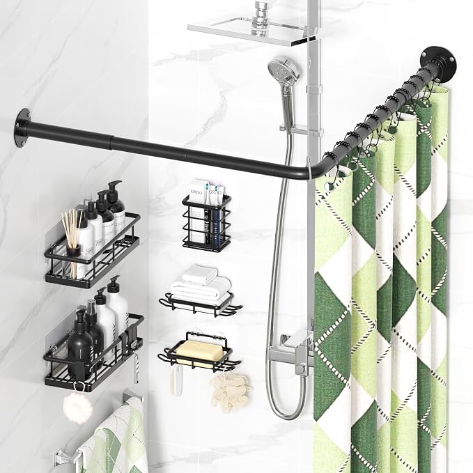 L Shaped Shower Curtain Rods, Adjustable (23''-69'' X 23''-69'') Corner Shower Rod with 12 Shower Curtain Rings, All 304 Stainless Steel, for Bathroom, Bathtub, Clothing Store, Need to Drill, Black