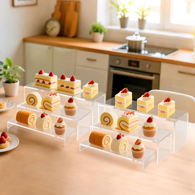 Acrylic Display Riser Stand,12" 6Pc 5mm, Tiered Shelf Risers for Cupcake | Clear multi-size plastic steps rack matching perfume, jewelry, pop collectibles. Stackable food buffet table setup