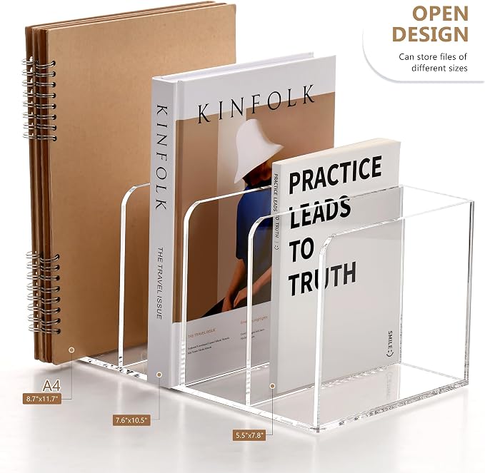 SANRUI Acrylic Desk Magazine File Holder, Clear,4 Vertical Compartments | Workspace Document Organizer Sorter for Documents, Tablet, Magazines, Books & Accessories