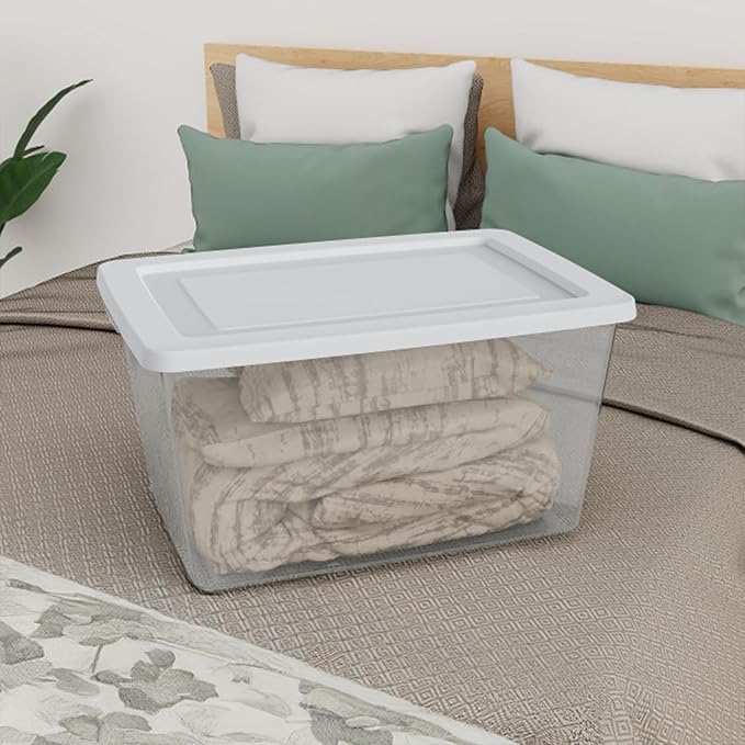 Sterilite 12-Pack Clear Storage Box, Stackable Container Bins with Lids, 58 Qt, White – Large Plastic Containers for Home, Closet, Bathroom, Classroom, and Office Organization