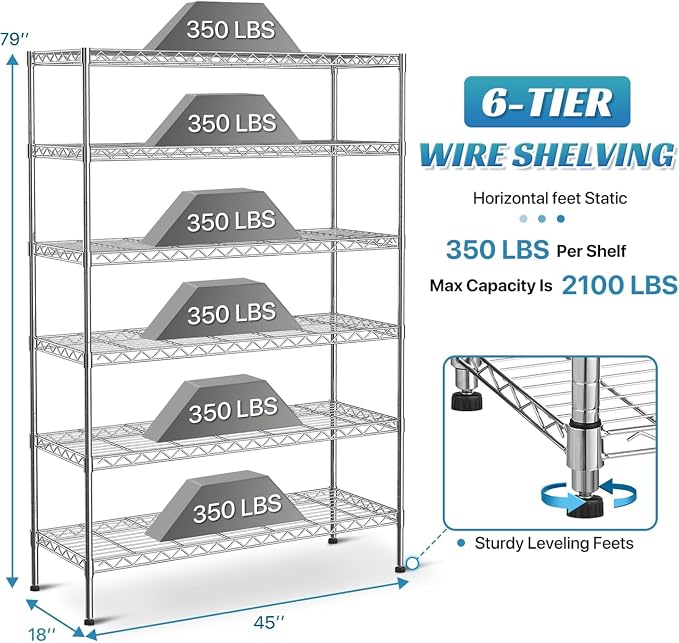 6-Tier Wire Shelving Unit with Wheels, 45"L x 18"W x 82"H Heavy Duty Metal Storage Shelves, 2100LBS Capacity NSF Certified Adjustable Steel Layer Rack Organizer for Garage Kitchen Pantry