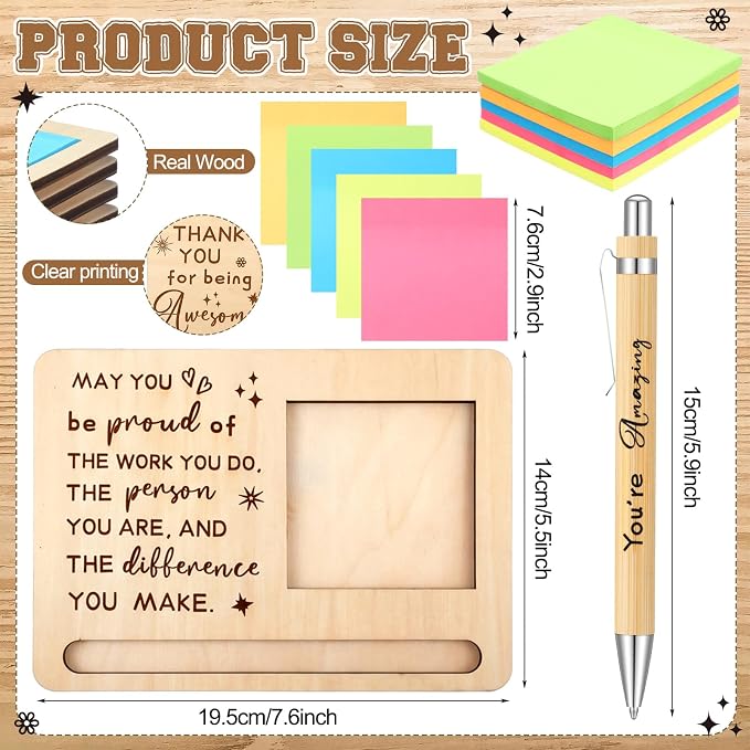 Kosiz 10 Set Back to School Teacher Gifts Wooden Sticky Note Holder with Notes and Ballpoint Pens Inspirational Sticky Notes Sets for Teacher Back to School Thank You Appreciation Gifts, Yellow