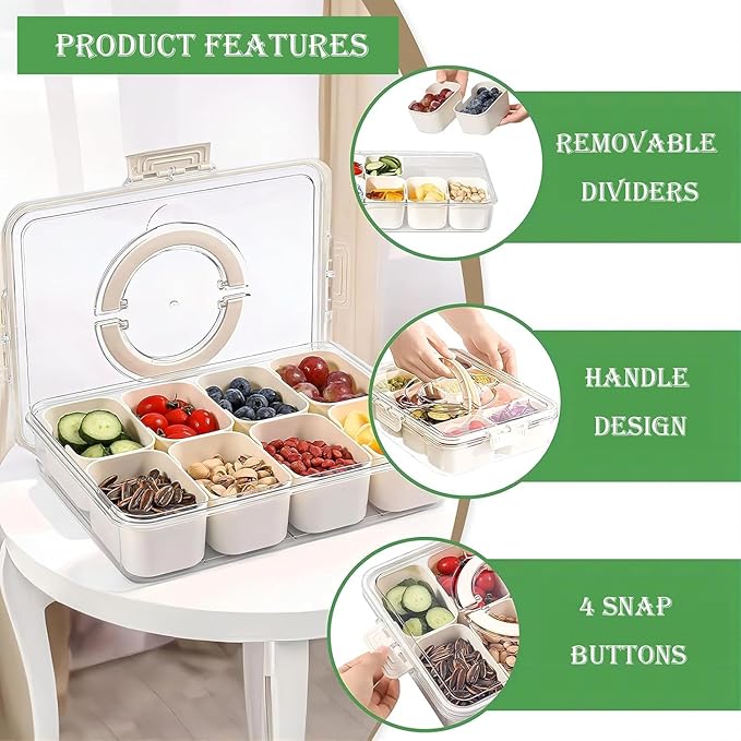 Divided Fridge Storage Box With 8 Serving Tray With Lid And Handle Refrigerator Food Storage Box Plastic 8 Compartment Fridge Container Storage Organiser Fruit Snack Storage (8 Grid)