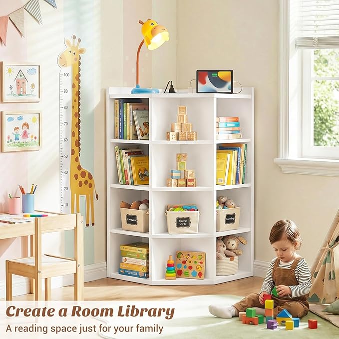 Aheaplus Corner Cube Book Shelf, 5-Tier Corner Cabinet with Power Outlets, Corner Cube Storage Shelf with Top Table, Wooden L Shaped Cubby Bookcase for Home Office, Bedroom, Living Room, White