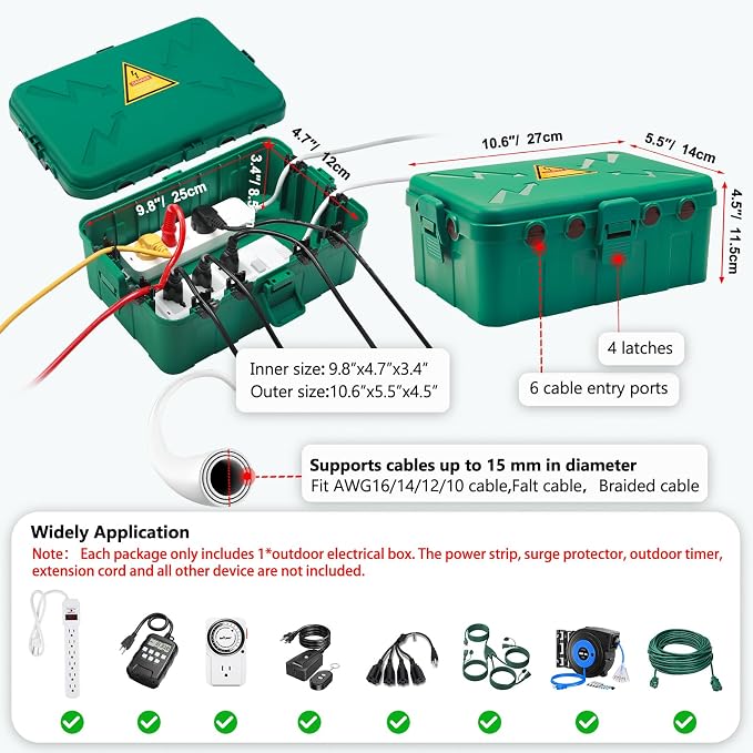 Hrensaw Large Outdoor Electrical Box(12.5x8.5x5inch),IP54 Waterproof Outdoor Outlet Covers,Weatherproof Extension Cord Covers Protect Outlet,Plug,Timer,Power Strip,Holiday Light,Green