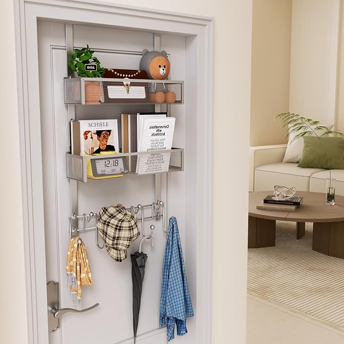 HapiRm Over The Door Hanger with Coat Hooks and 2 Baskets, Rustproof & Waterproof Over The Door Hooks, Storage Organizer for Hats, Bathroom, Kitchen, Bedroom-Silver (for 1.76in Doors)