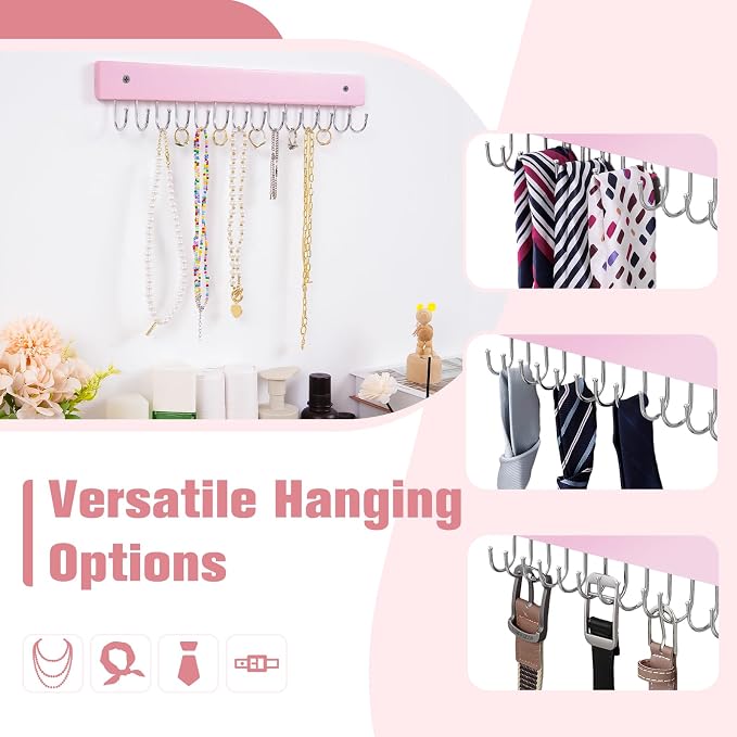 SCUNDA Wall Mounted Necklace Holder, Morden Style Necklace Holder, Tangle Free Wall Jewelry Organizer with 28 Hooks(2 Packs,Pink)