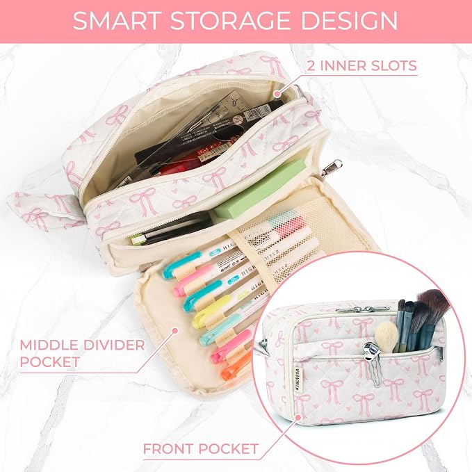 WOBAGMEN Quilted Pencil Pouch for Girls Women, Large Pencil Case Pouch with Compartments Cute Aesthetic Pencil Case Organizer, Floral Pencil Bag for School Supplies (Pink Bow)