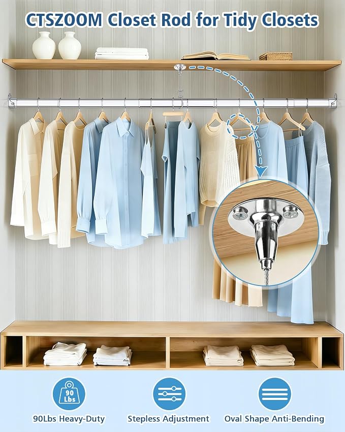 Adjustable Oval Closet Rod, 51-70 Inch,90 Lbs Heavy Duty (Chrome)