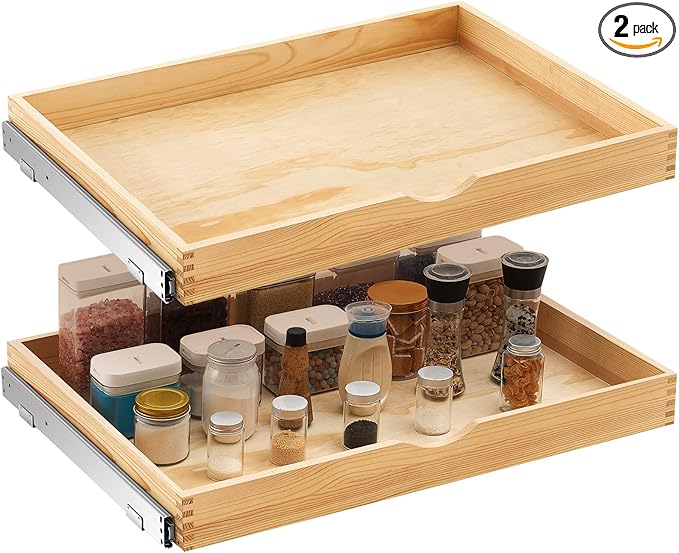 Menkxi 2 Set Wooden Pull out Cabinet Organizer Fully Assembled Slide out Pantry Drawer with Gentle Close Storage Shelf Tray for Base Kitchen Under Sink Bathroom Accessory(Wood Color,30'' X 21'' X 3")