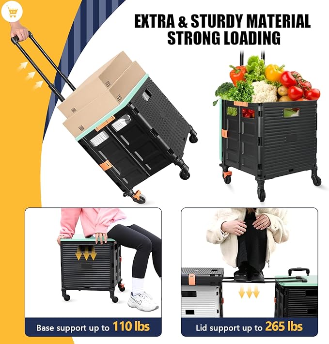 SELORSS Foldable Utility Cart Portable Rolling Crate Handcart Shopping Trolley Collapsible Tool Box with Rotate Noiseless Wheels Telescoping Handle Lid for Travel Move Storage Office School (Green)