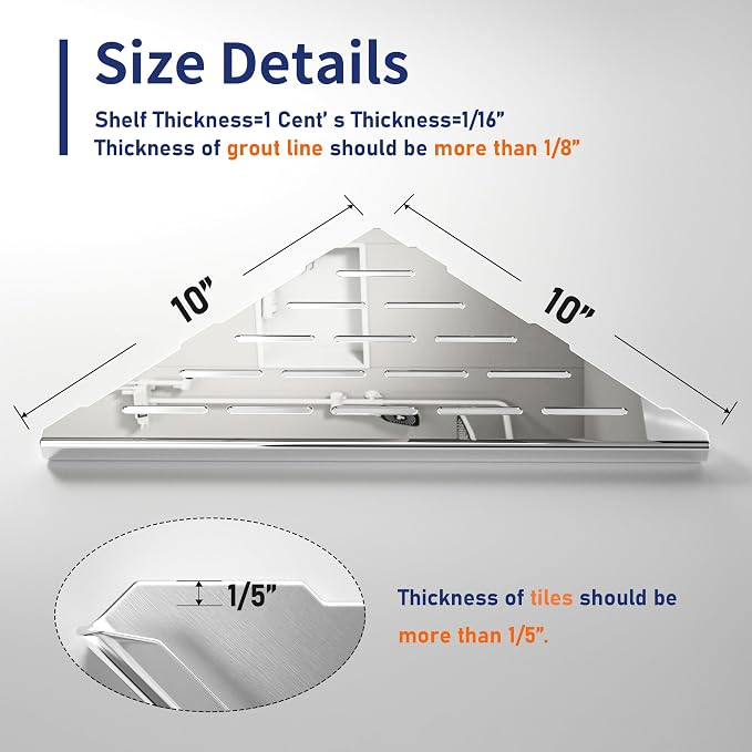 Corner Shower Shelf 10" Polished 304 Stainless Steel Recessed Corner Shelves with Slot Design Bathroom Grout in Shelf for Tiled Wall, 2 Pack