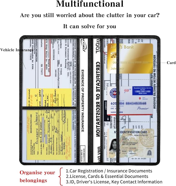 TILDOSAC Leather Car Registration and Insurance Card Holder, Car Document Holder for Cards License with Magnetic Shut (Black, large)