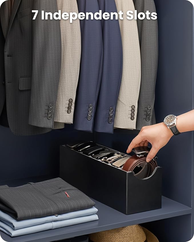 Lolalet Belt Organizer for Closet, Belt Box & Storage Drawer -Black | PU Leather Belt Holder with 7 Extra-Wide Compartments, Soft Lining, Fits Entryway Cabinet, for Men & Women, 2 Packs