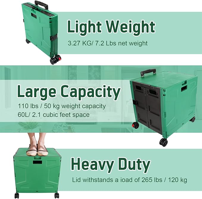 FELICON Folding Utility Cart Rolling Crate Handcart with Durable Heavy Duty Plastic Telescoping Handle Collapsible Hidden Lid 4 Rotate Wheels for Travel Shop Move Office Teacher Use(Dark Green&Black)