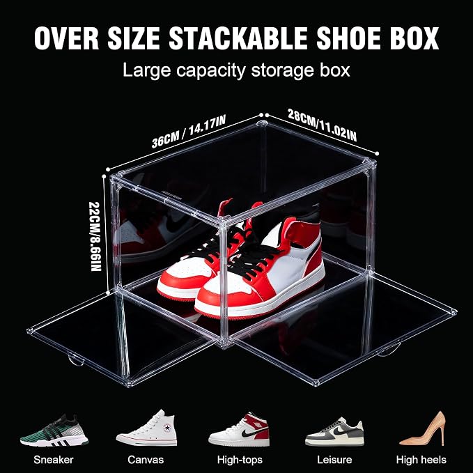 12 Pack Shoe Boxes, Clear Acrylic Stackable Plastic Sneaker Box Container, Magnetic Drop & Side Open Shoe Organizer Case Container With Lids Fits Up to Size 15(Transparency)