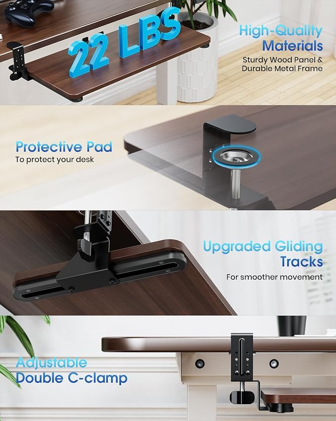 Small Keyboard Tray Under Desk, Pull Out Keyboard & Mouse Tray with Adjustable C-clamp, 20(25.9 Including Clamps) x 11.8 Inch Slide Out Computer Keyboard Drawer Mouse Tray for Typing, Walnut