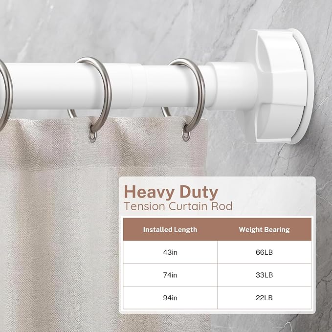 Tension Shower Curtain Rod No Drill Adjustable 48-94 Inch, White | 1" Diameter Spring Tension Rod, Non-Slip Easy to Install Renter Friendly for Window Closet Kitchen Room Divider Doorway Patio