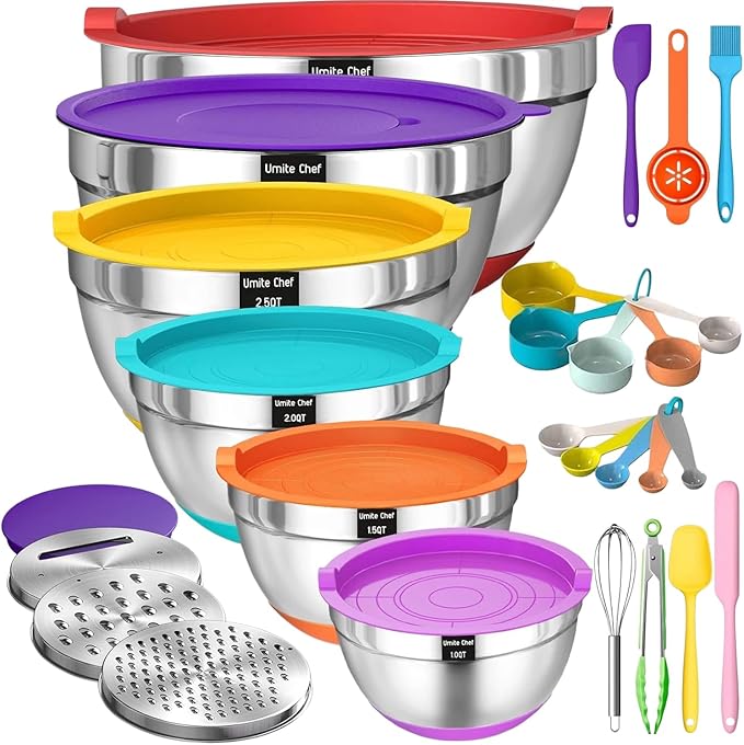 Umite Chef Thickened Stainless Steel Bowl Set, Mixing Bowl Set with Lid, Grater Attachment, Non-Slip Bottom and Kitchen Gadget Set, Sizes 7, 4, 2.5, 2.0, 1.5, 1QT, Ideal for Mixing and Serving