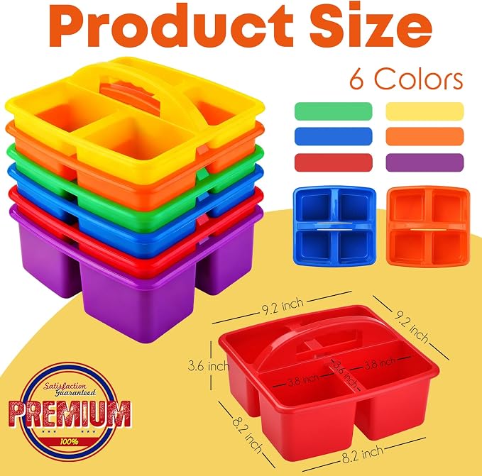 ALINK Plastic Classroom Caddy Organizer with Handle, 6-Pack 4 Compartments | Teacher Supply Storage Caddy for Classroom Organization, Table, Desk, Office, Craft Art for Kids - Assorted Colors