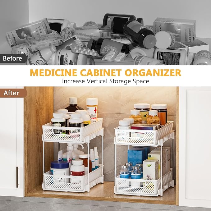 DABIGE 2 Pack Pull Out Bathroom Organizers and Storage, 2 Tier Stackable Under Sink Storage Organizer for Bathroom, Kitchen Cabinet, Pantry, and Medicine Holder, Organization and Storage - White