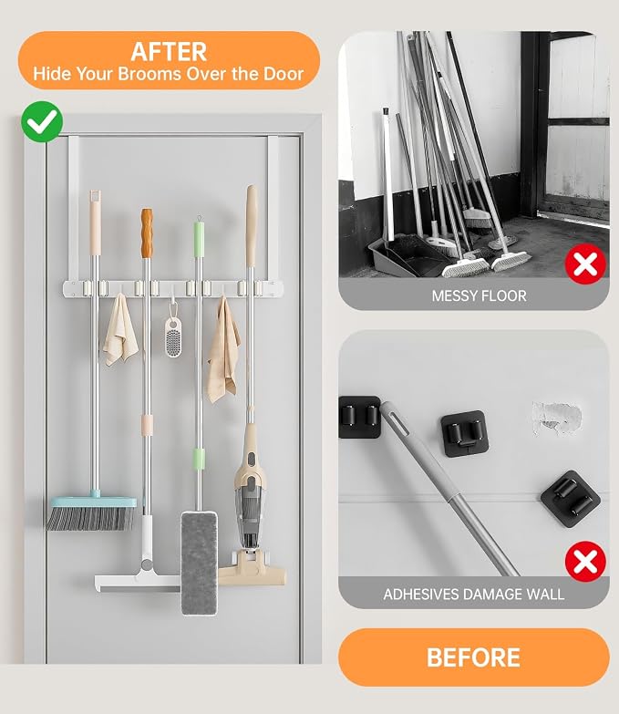 Broom Holder Over The Door - 304 Stainless Steel Mop and Broom Holder Wall Mounted or Hanging Over The Door with Hooks - Broom Hanger - white, Broom Storage Tool Organizer for Closet Laundry