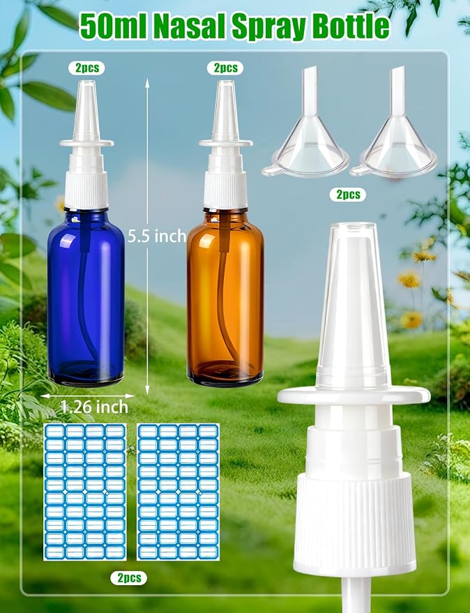 8 Pcs Nasal Spray Bottle, 50ML/1.76OZ 4Pcs Fine Mist Glass Empty Brown Blue Nose Nasal Spray Bottles Refillable with 2 Funnels and 2 Labels