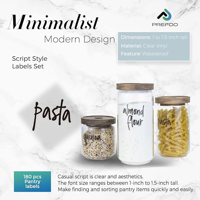 180 Pantry Labels, Prefdo Waterproof White Script Preprinted Food Names Label Stickers for Kitchen Organization Storage Containers, Jars & Canisters (Black)