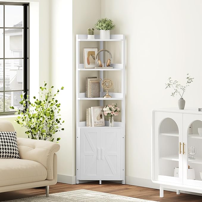 HOOBRO Corner Shelf with Storage, Tall Corner Cabinet, 5-Tier Bookshelf Stand, Storage Cabinet with Protective Fence, for Living Room, White WW78CJ01