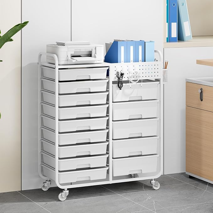 Rolling Storage Cart with 14 Drawers, Storage Organizer Cart with Tabletop and Pegboard,Utility Cart for Living Room, Classroom, Bedroom,Bathroom,Dorm,Office (White)