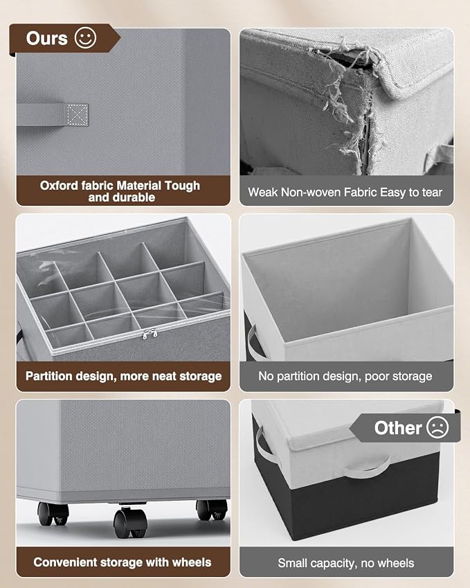 HOUSE AGAIN 2 Pack Shoe Organizer for Closet, Shoe Storage Organizer with Wheels, Foldable Shoe Storage Box with Adjustable Dividers and Clear Cover, Reinforced Handles, Fits up to 16-32 Pairs, Gray