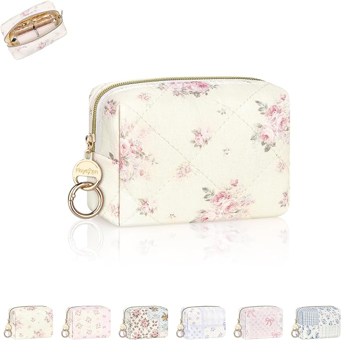 Quilted Mini Makeup Bag, Cute Small Cosmetic Bag for Purse, Y-Rose | Floral Travel Makeup Pouch, Make Up Pouch for Women, Purse Organizer Pouches for Travel/ Gym/ Daily Use, Perfect Gifts