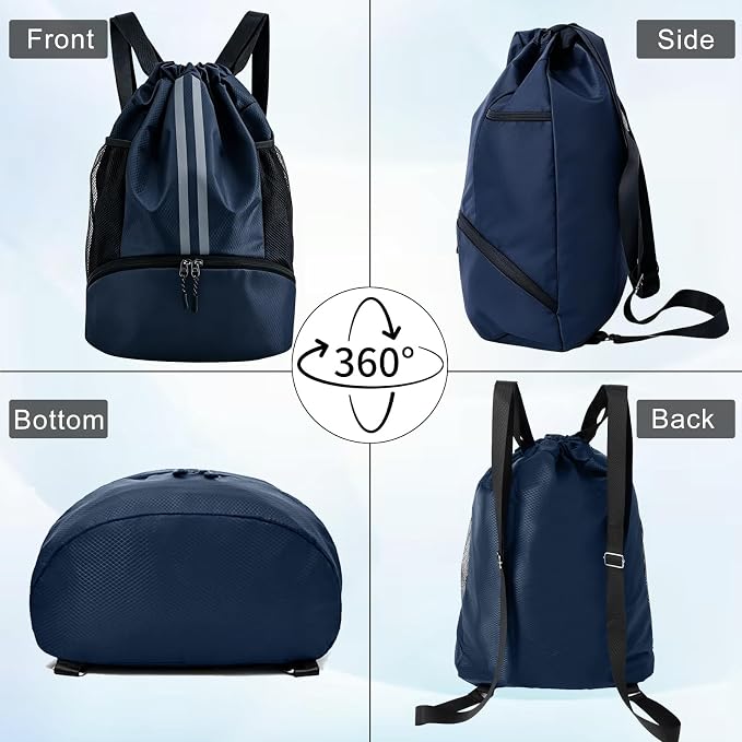 Navy Blue Sports Drawstring Backpack with Shoes Compartment, String Gym Bag with Wet Proof Pocket for Basketball, Soccer, Swim, Sport Bag for Men and Women