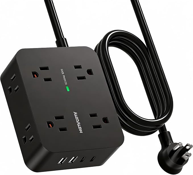 Power Strip Surge Protector, Extension Cord with 8 Widely Spaced AC Outlets & 4 USB Ports (2 USB C), 5 Ft Heavy Duty Round Power Cord, 1080 Joules, Wall Mount Charging Station for Home Office Desk