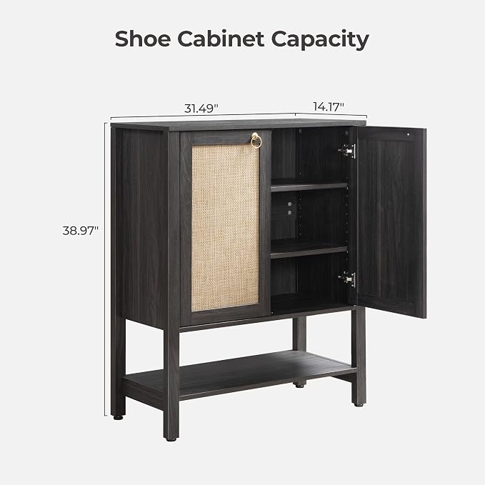 SICOTAS Rattan Shoe Storage Cabinet, 5 Tier Shoe Organizer with Doors and Shelves, 24 Pair Capacity Tall Farmhouse Boho Shoe Rack for Entryway Hallway Living Room Closet, Obsidian