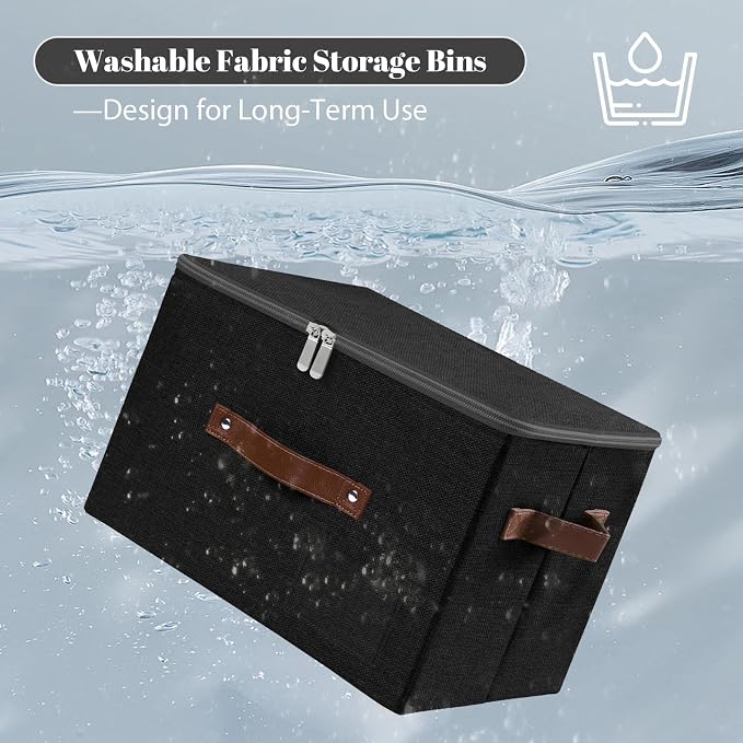 ANMINY Fabric Storage Box Bins with Zipper Lid, Washable Black, 3PCS | Cotton Linen Fabric, PP Board Frame, Label Holder, Stackable & Foldable, PU Handles, Dual-Zipper 3-Side Open Lid, Large
