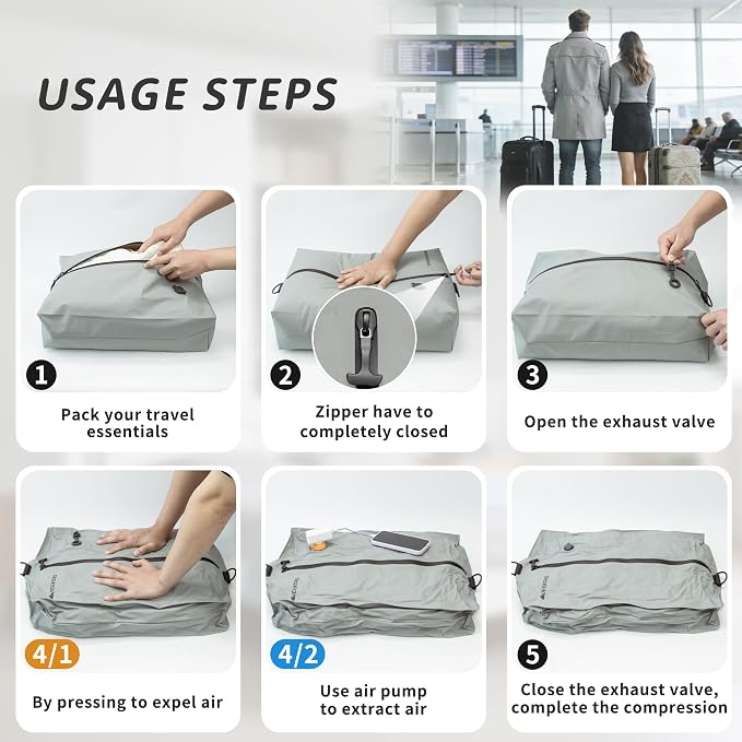 Upgraded Vacuum Bag for Travel, Professional IPX8 Waterproof Reusable Vacuum Compression Bags for Travel Suitcases, Durable Space Saver Bag