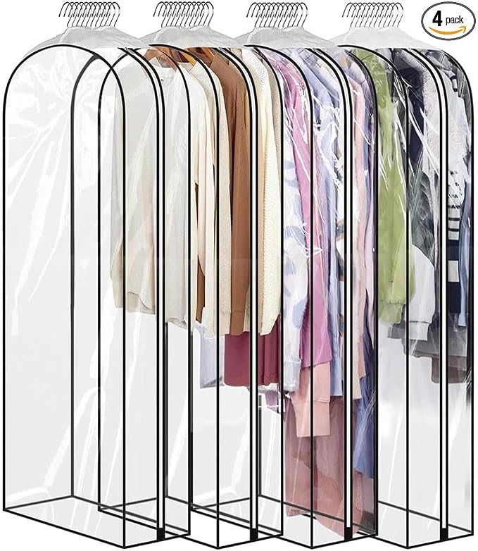 60" Clear Clothes Hangers with Smooth Side Zipper, 10" Gusseted Waterproof Garment Bags for Shirts, Coats, Dresses, Suits, 4 Pack