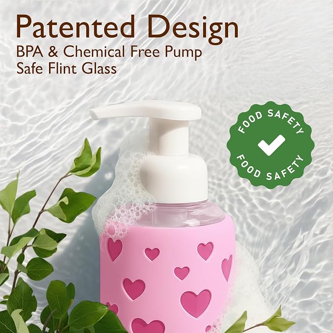 SoCal Suds & Company Foaming Hand Soap Dispenser Glass, Liquid Soap Pump with Heart Silicone Sleeve, Refillable Bottle for Kids, Baby Wash & Shampoo, Ideal for Bathroom & Kitchen Use, Bright Pink, 8oz
