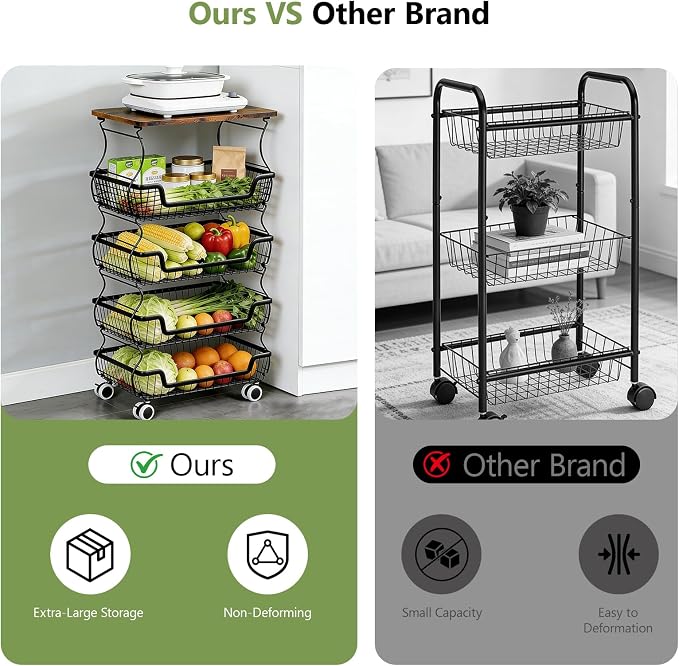 Kitchen Storage Cart on Wheels, 5 Tier Rolling Stackable Pantry Floor Organizer, Kitchen Fruit Basket Stand for Home Removable Metal Vegetable Rack Wire Snack Cart