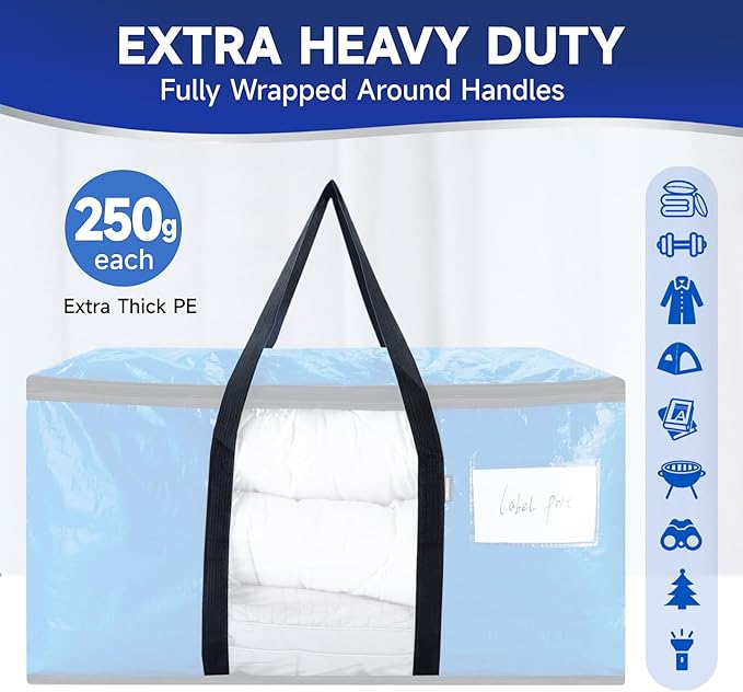 CONGREGATE 8-Pack Heavy Duty Blue Moving Bags with Zippers and Handles, Heavy Duty Storage Handbags, PE Material, Window Design, 97 Liters / 25.6 Gallons (28.7 Inch x 13.7 Inch x 15 Inch)