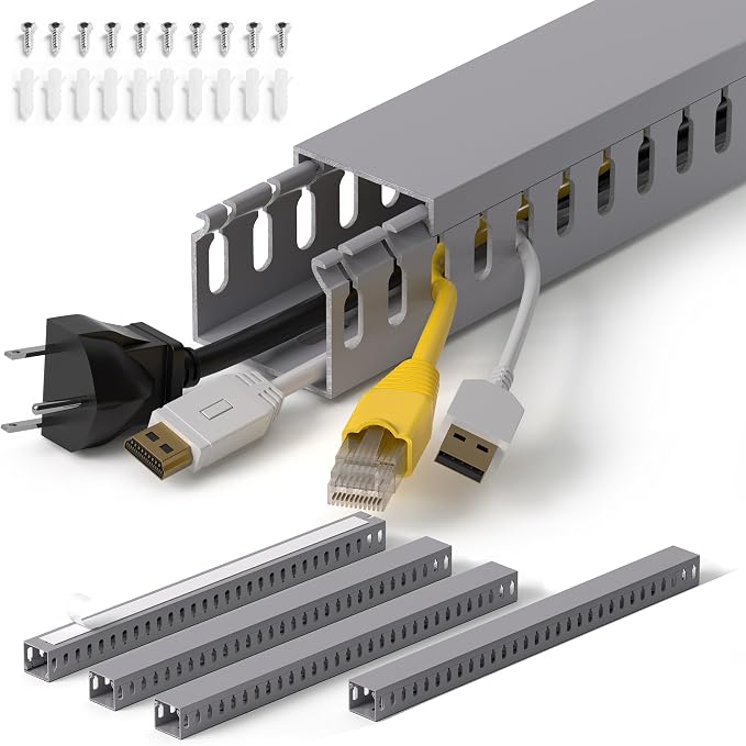 1.4"H x 1.6"W Cable Raceway, 66in Under Desk Wire Management Channel, Grey | Slotted Wire Duct, 4Pack, 16.5in Each, Heavy-Duty PVC Cable Management for Server Racks, Network Cables & Electrical Cabinets